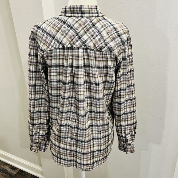 LOFT Women’s XS Cream Olive Green Plaid Flannel Pocket Tunic Shirt - Picture 4 of 6